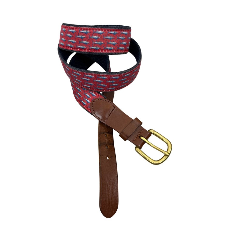 Leather Man Ltd Belt Mens 38 Red Fish Print Canvas Leather Trim Nautical Preppy